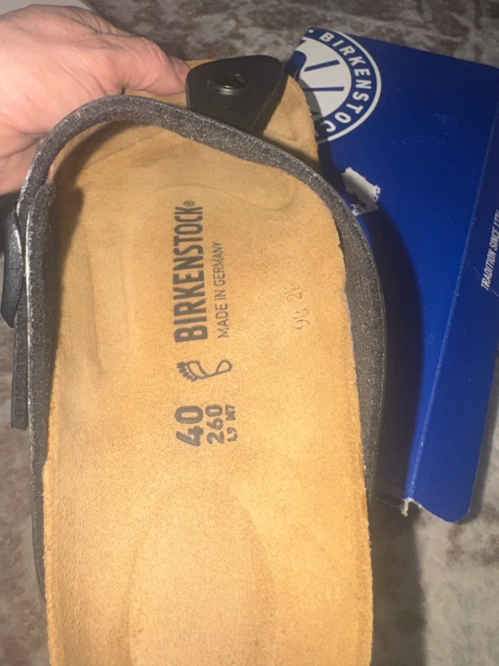 Birkenstock Black Suede Thong Sandal with Tan Footbed - Picture 3 of 7